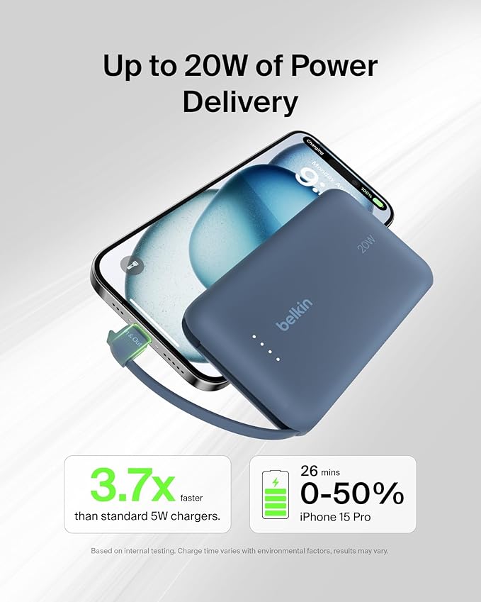 Belkin Portable Charger, Portable Power Bank with Integrated Cable 10000 mAh 20W - Fast Charge USB C Power Delivery, iPhone Charger - iPhone 17, Air, Pro, Pro Max, iPad, Galaxy S25, & More - Blue