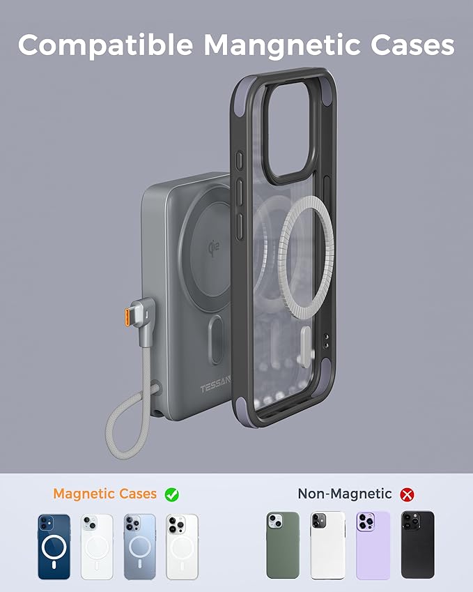 Wireless Portable Charger Qi2, 10,000mAh Magnetic Power Bank with PD 35W Fast Charging, Battery Pack with Built-in USB-C Cable and Stand, Travel Essentials for iPhone 16/15 Series