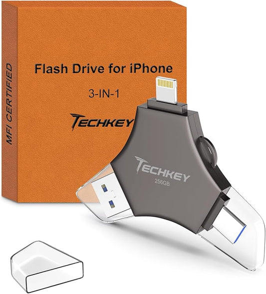 MFi Certified USB 3.0 Flash Drive 256GB for iPhone, 3in1 External Memory Photo Keeper Storage Stick for Picture/Video/Data Saver/Backup, High Speed Thumb/Jump/Hard Drives for iPad/Android/PC (Black)