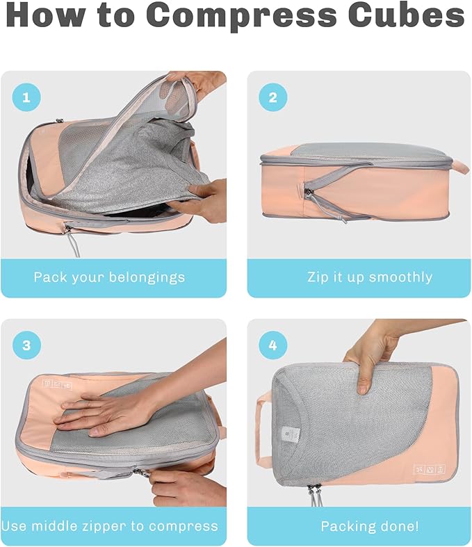 Hynes Eagle 6 Set/ 4 Set/ 2 Set Compression Packing Cubes Travel Essentials Lightweight Nylon Luggage Suitcase Organizer Bag Light Pink 2PCS