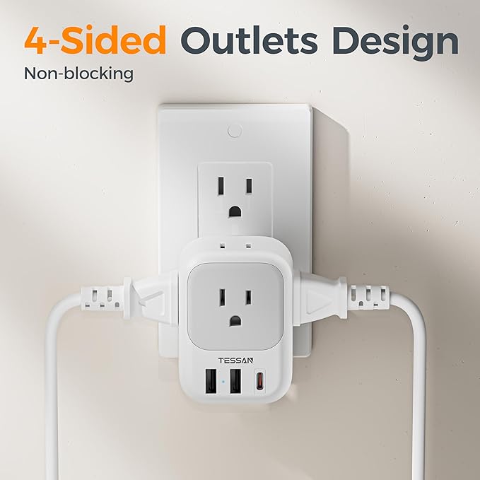 TESSAN USB C Charger Block 20W PD, Fasting Charging Electrical Outlet Extender with 4 Box Splitter and 3 USB Ports, 4 Side Multi Plug Wall Outlet for Cruise Home Office Dorm Room