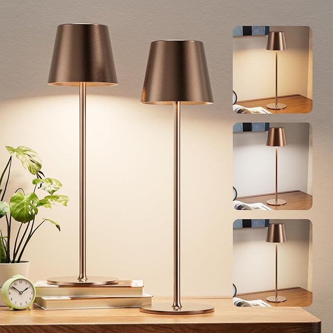 Cordless Table Lamp Rechargeable Brown - KK 2 Pack 5000mAH Battery Operated Lamp for Counter, 3 Color Stepless Dimming Wireless Lamp for Dining Table, Kitchen Counter, Outdoor Patio, Touch Control