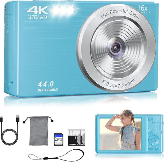 Digital Camera,4K Vlogging Camera for YouTube Autofocus 44MP FHD Camera,16X Digital Zoom Cheap Point and Shoot Digital Camera with 64GB Card for Kids Boys Girls Teens Adult Beginners,2 Batteries(Blue)