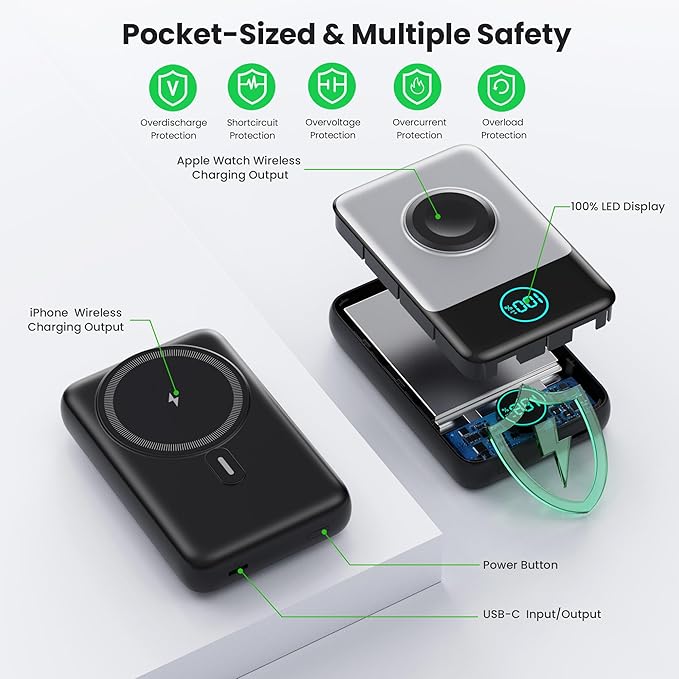 Magnetic Portable Charger for iPhone, 3-in-1 10800mAh Qi2 15W Wireless Power Bank with iWatch Charger,30W PD Fast Charging USB-C LCD Display Battery Pack for Magsafe,iPhone 16/15/14/13/12, Apple Watch