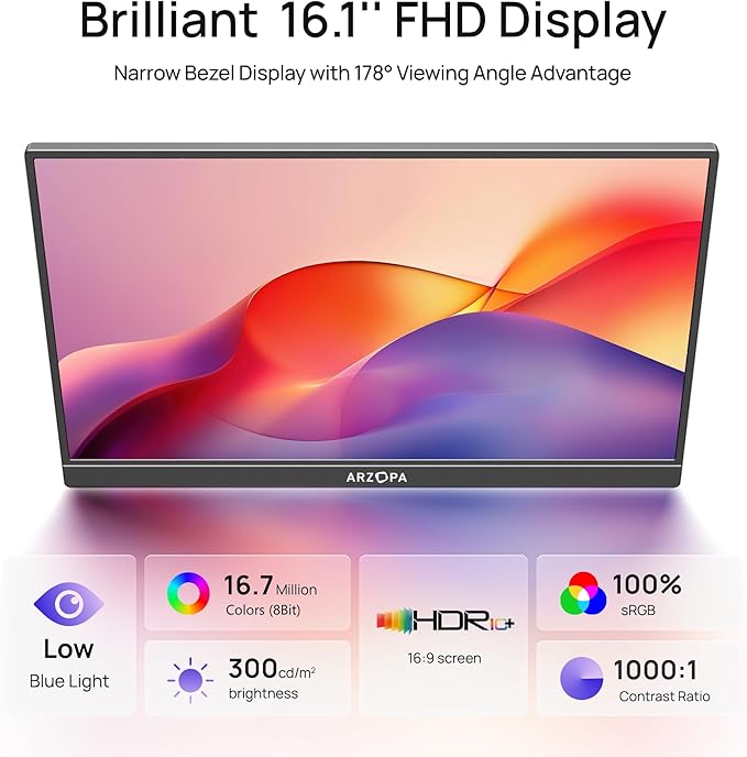 ARZOPA 16.1" Portable Monitor, 100% sRGB FHD 1080P Kickstand Portable Laptop Monitor High Color Gamut Display IPS Eye Care Screen for High-end Office & Entertainment -Z1C