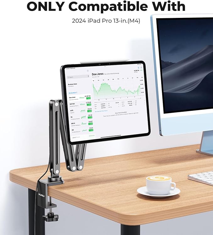 Magnetic Wireless Charging Stand for iPad Pro 13" M4 (2024), Foldable Adjustable Arm Mount with 2M Cable, Aluminum Alloy Tablet Holder for Desk