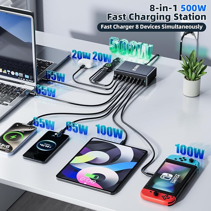 500W Fast Charging 8 Port USB C Charger Block with Nylon Fast Charging Cable, Multi-Device Charging Station Wall Desktop Charger with GaN Ⅲ Technology, USB-C Charger Adapter for MacBook/iPad/iPhone 16