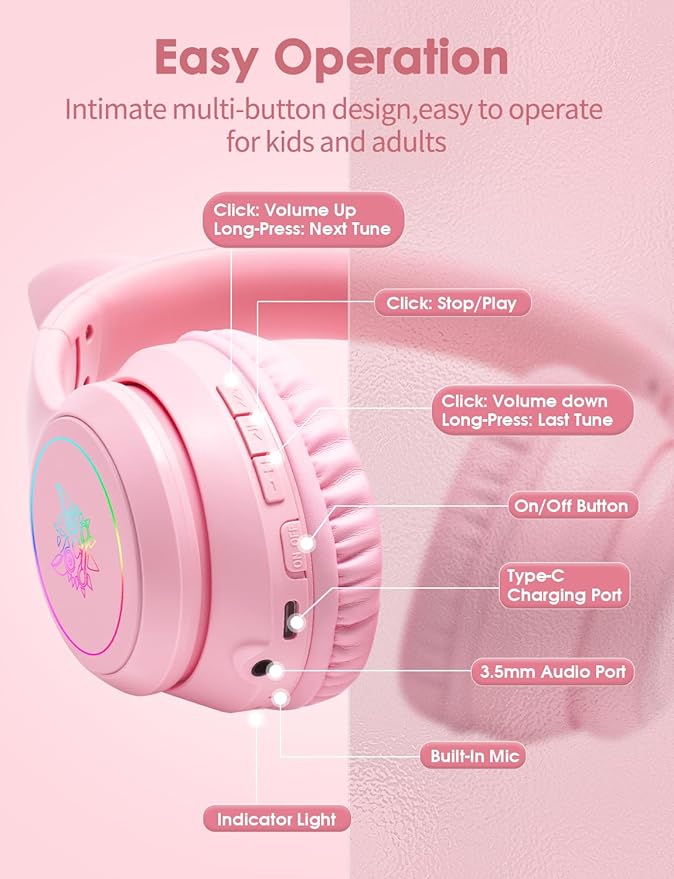Cat Ear Bluetooth Headphones with Micphone for Kids & Adults, LED Light Up Wireless HI-FI Sound Quality, Over-Ear Headphones with Volume Control for iPhone/iPad/Laptop/PC(55H Play Time)