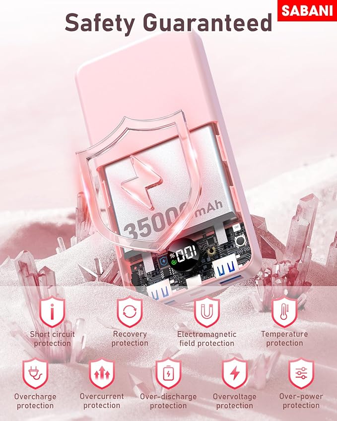 SABANI Portable Charger 35000mAh Power Bank - Portable Battery with 4 Built in Cables, 22.5W Fast Charging Battery Pack Compatible with iPhone 16 15 14 13 Samsung Android Phone etc (1 Pack, Pink)