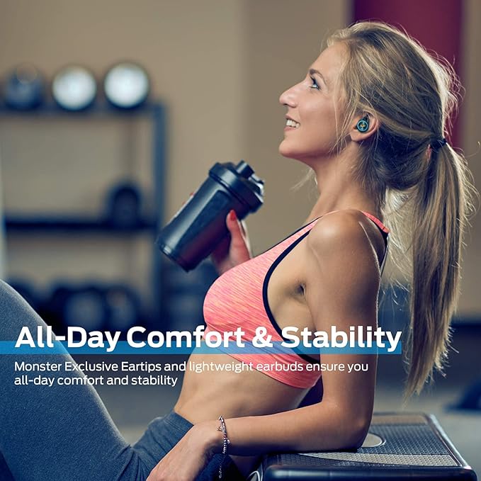 Monster Clarity 101Plus AirLinks Wireless Earbuds, Bluetooth 5.0 in-Ear Headphones with Charging Case, Stereo Earphones Deep Bass Sound, Built-in Mic, Clear Call, Water Resistant Design for Sports.