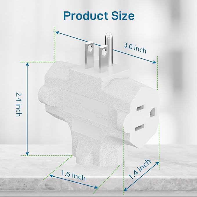 K KASONIC - 3-Outlet Grounding Adapter, [UL Listed] Plug Extender, Heavy-Duty Grounded Power Tap - 3 Pack (White)