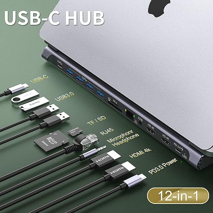 USB C Docking Station,Onten USB-C to Dual HDMI Adapter HUB .12-in-1 USB-A 3.0, USB-C 3.0 Gigabit Ethernet Dual-solt sd/tf Card Reader,PD 100w Charger (DP Alternative Mode Required)