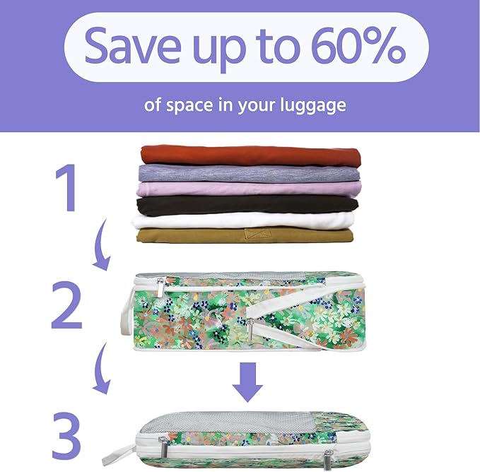 7 Pcs Compression Packing Cubes for Travel, Waterproof Suitcase Luggage Backpack Organizer with Toiletry Bag Travel Essentials for Women/Men-Flowers