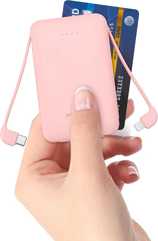Power Bank, Slimmest 5000mAh Portable Charger with Built in USB-C Cables, USB C in&Out Charging Battery Pack, External Phone Powerbank Compatible with iPhone, Android, Pink