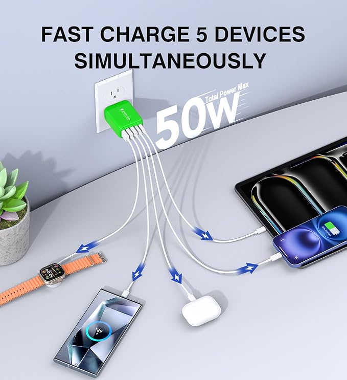 50W USB C Wall Charger Block,5-Port C Charger Fast Charging Block PD Power Adapter +QC 3.0 Multiport Type C Box Charger Cube USB A Wall Plug for iPhone 14/15/16/17 Pro Max Plus,Samsung(Green)(2-Pack)