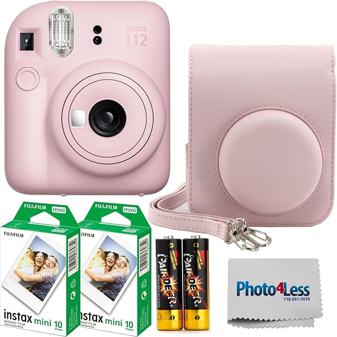 Fujifilm Instax MiniI 12 Instant Film Camera Blossom Pink, Fujifilm Instax Mini Twin Pack Instant Film 20 Prints, Prtotective Case, Gift Bundle