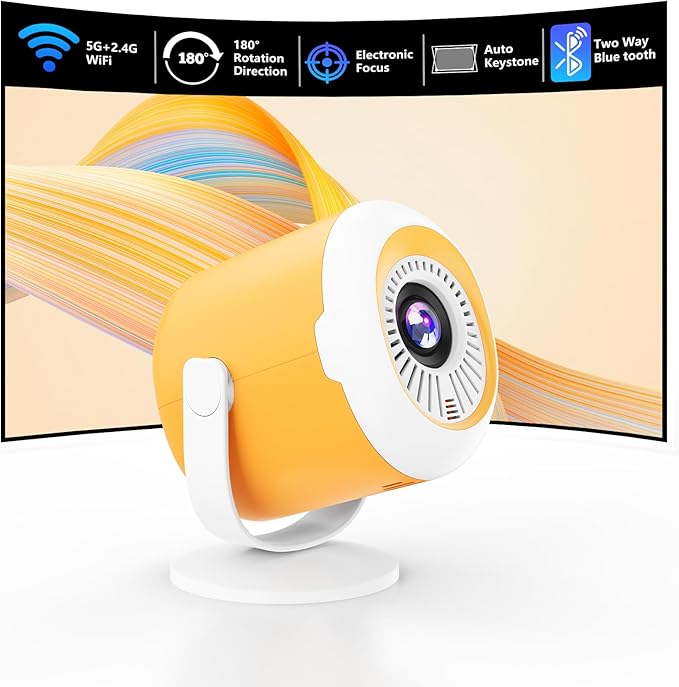 Portable Mini Projector with WiFi and Bluetooth Rotatable Movie Projector with Electronic Focus LED Pico Projectors for Home Theater Compatible with Smartphone, TV Stick, Laptop, HDMI, USB
