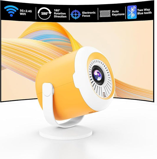 Portable Mini Projector with WiFi and Bluetooth Rotatable Movie Projector with Electronic Focus LED Pico Projectors for Home Theater Compatible with Smartphone, TV Stick, Laptop, HDMI, USB