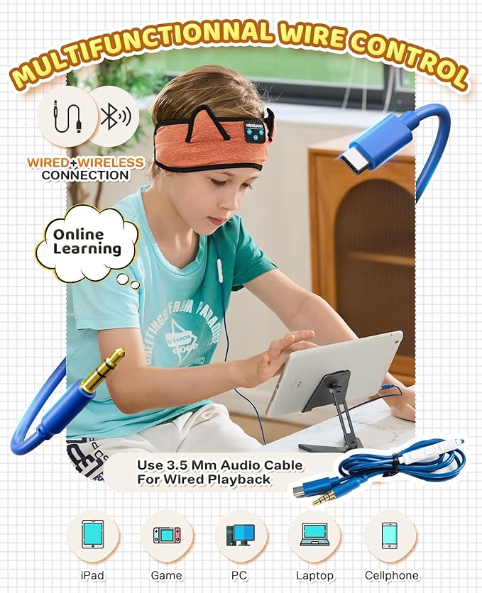 Baby Headphones, Kids Headphones Bluetooth Headband Adjustable, Wireless Headband for Kids with Wired Playback 3.5 MM Jack for Teens/Boys/Girls/Smartphones/School/Airplane Travel/Tablet