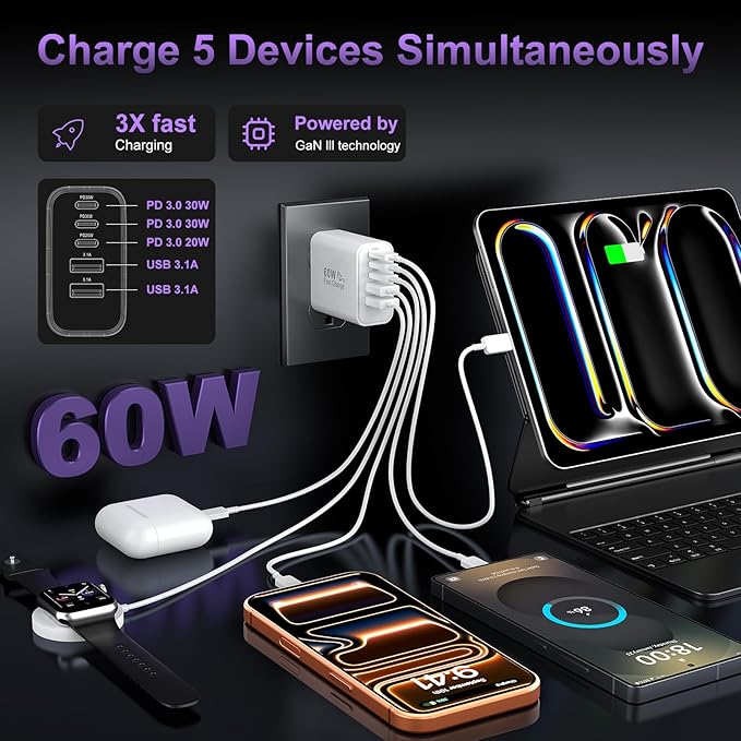 USB C Fast Wall Charger Block, 2Pack 60W USBC Phone Charging Cubes, 5-Port Type C Power Plug Adapter Multiport Brick Box for iPhone 17/16/15/14/13/12/11/Pro Max/Plus/Air, iPad mini/Pro,Galaxy S25/S24