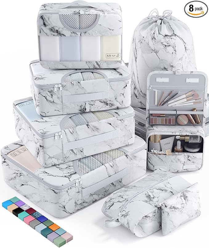Veken 8 Set Packing Cubes for Travel Essentials, Suitcase Organizer Bags in 4 Sizes, Carry-On Luggage Accessories with Large Laundry & Hanging Toiletry Bag, Must-Have for Airplane, Road Trip & Camping