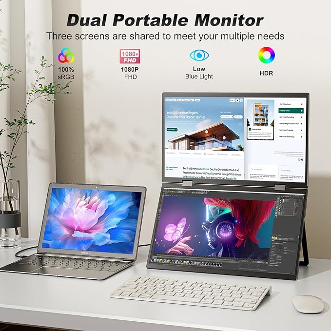 Dual Portable Monitor, 15.6" 1080P FHD IPS Folding Stacked Triple Laptop Screen Extender, USB-C Plug & Play Travel Extended Computer Display for Laptop PC Windows Mac w/Stand & VESA Mountable