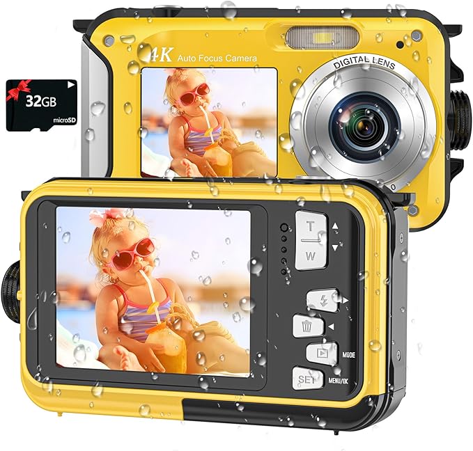 4K Digital Camera 11FT Underwater Camera with 32GB Card 56MP Autofocus Dual-Screen Selfie Waterproof Camera for Snorkeling Compact Floatable Point and Shoot Digital Camera 1250mAh Battery