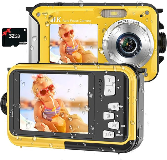 4K Digital Camera 11FT Underwater Camera with 32GB Card 56MP Autofocus Dual-Screen Selfie Waterproof Camera for Snorkeling Compact Floatable Point and Shoot Digital Camera 1250mAh Battery