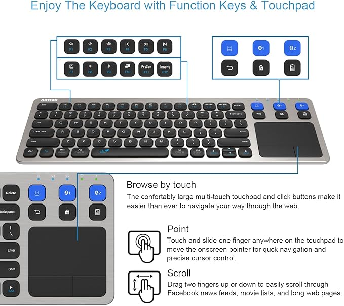 Arteck Universal 2.4G Wireless and Bluetooth Touch TV Keyboard Multi-Device with Easy Media Control and Build-in Touchpad Keyboard for Smart TV, TV Box, TV-Connected Computer, Mac, HTPC