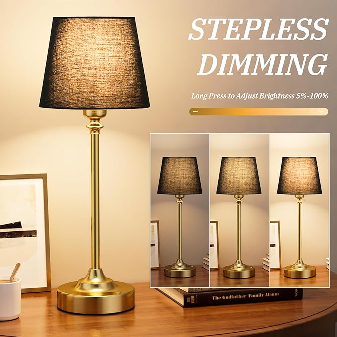 Kakanuo Cordless Table Lamps Rechargeable Set - 2 Pack Brass 4000mAH Battery Operated Lamps for Decor, 3000K Stepless Dimming Touch Wireless Lamp for Bedroom, Dining Table, Living Room, Black Shade
