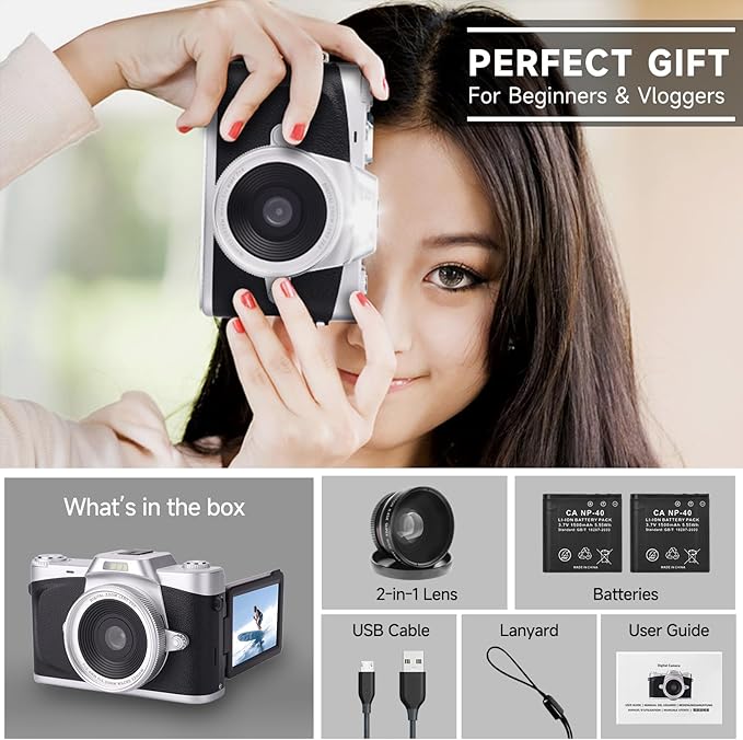 Digital Camera with 3'' Flip Screen 16X Digital Zoom Compact Point and Shoot Camera for Kids, Beginners, 4K Vlogging Camera with 2 Batteries