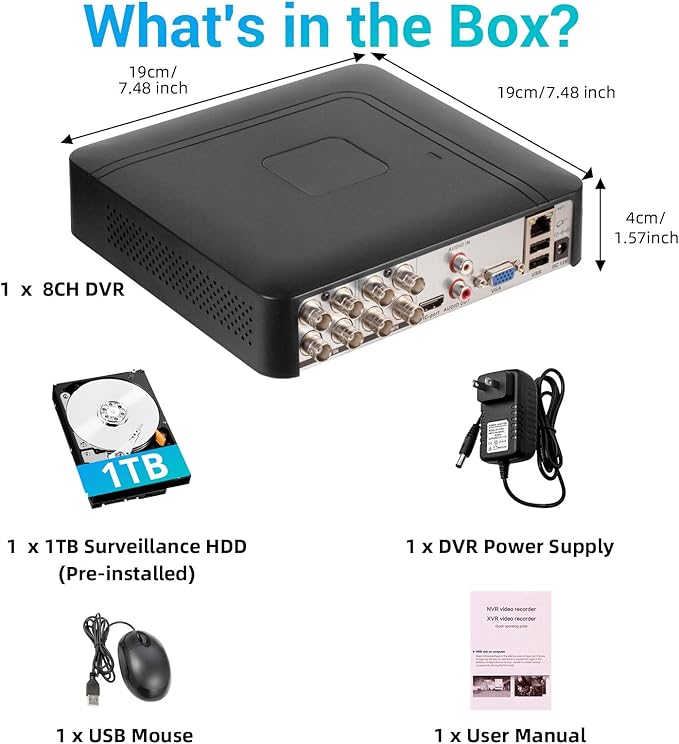 Fuers H.265+ 8CH Security DVR Recorder for Home Security Camera System,dvr 8 Channel for HD-CVBS/TVI/CVI/XVI/AHD/IP Analog Security Camera,24/7 Recording to Pre-Installed 1TB Hard Drive,Remote Access