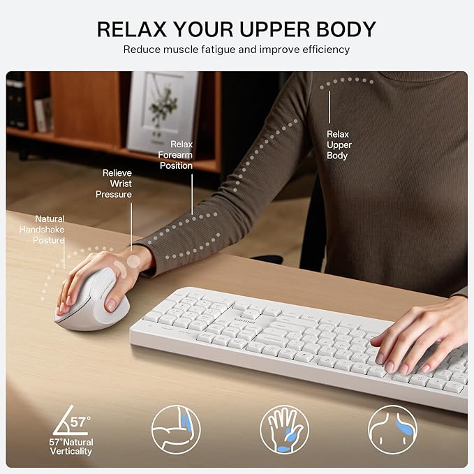 PHILIPS Ergonomic Mouse - Vertical Mouse with 800/1200/1600 Adjustable DPI, 6 Silent Buttons, Auto Power Saving,Light Weight,2.4GHz Wireless Mouse for Laptop,Desktop, PC- White