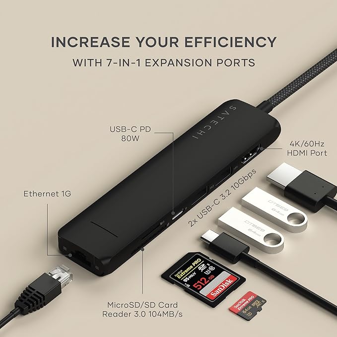 Satechi 7 in 1 USB C Hub Multiport Adapter with Ethernet, HDMI 4K@60Hz, 100W PD Charging, 2X USB-A Data Ports, Micro/SD Card Readers for MacBook Air/Pro M4, iPad, Windows - Black