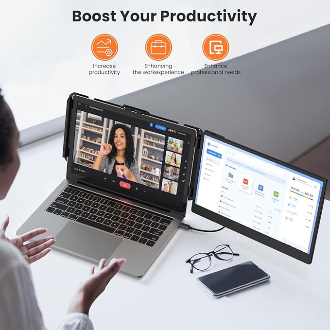 Laptop Screen Extender 14-inch, 1080P FHD Portable Monitor, Type-C/HDMI/USB-A Plug & Play, Laptop Monitor Extender fits Laptops with Screen up to 15.35" Wide, Compatible with Windows, Mac, Chrome