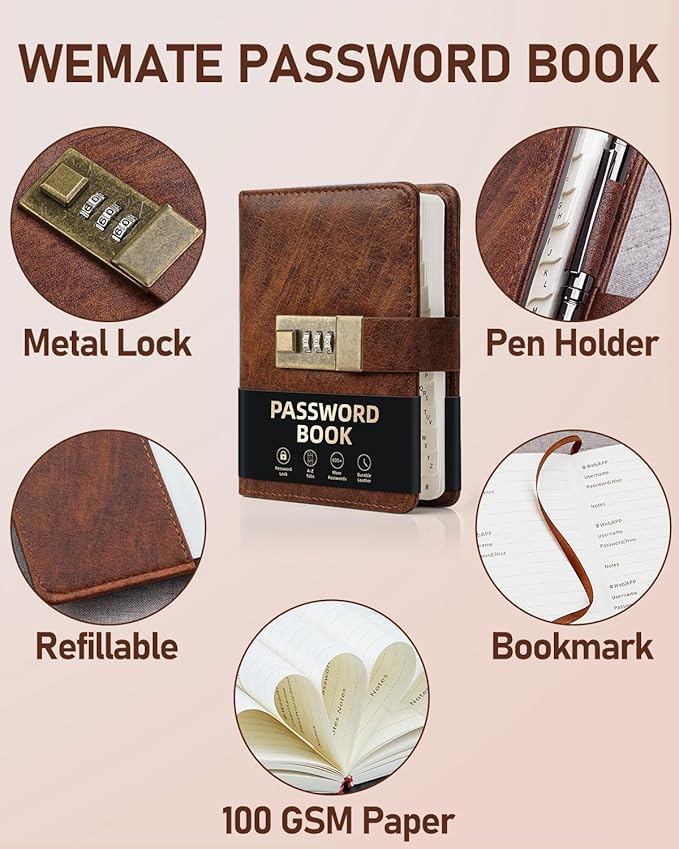 WEMATE Password Book with Lock, Password Book with Alphabetical Tabs 600+ Password Spaces, Password Logbook, Password Keeper for Computer 4.33 X 6.18 Inch Brown