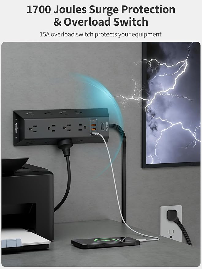12 Outlets Surge Protector Power Strip, HOPOW 5FT Flat Plug Extension Cord with 12 AC Outlets & 4 USB Ports (2 USB C), 1700 Joules, Desk Charging Station for Home Office Room, Black