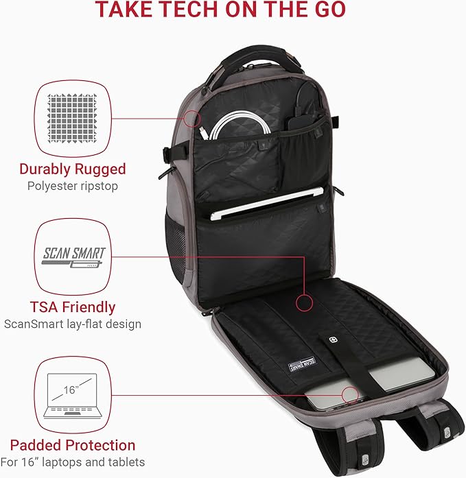 SwissGear Travel Tech Elite Laptop Backpack – Fits Laptops up to 16” – ScanSmart TSA-Friendly Backpack with USB Port, Shoe Compartment & Organizer Pockets – Grey Ballistic