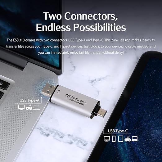 Transcend 1TB External SSD, Up to 1,050MB/s, Dual USB Flash Drive for iPhone17,16,15/ Pixel/Android Phones/Tesla/iPad/Mac/Steam Deck/ROG Ally/MSI Claw/PS5, 2-in-1 Type C&A, USB 3.2 Gen2 Portable SSD