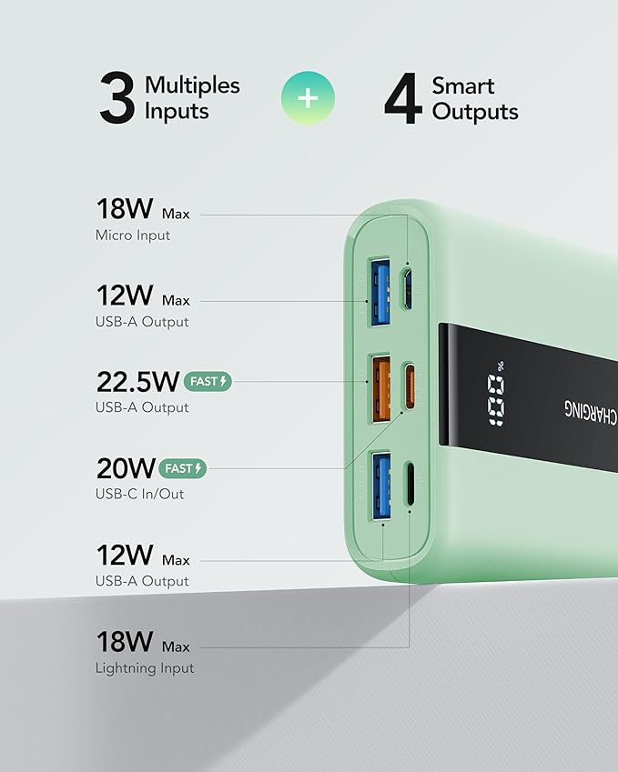 VRURC Power Bank,20000mAh Portable Charger Fast Charging,Compact Travel Essentail,4 Outputs 3 Inputs Battery Pack USB C for iPhone Series,Samsung,Android-Green