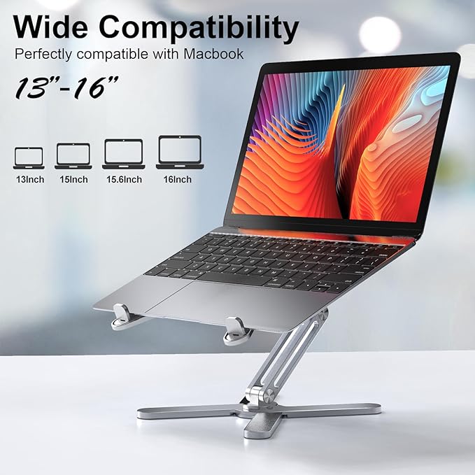 Adjustable Laptop Stand with 360 Rotating Base, Aluminum Laptop Riser for Desk Foldable, Ergonomic Notebook Stand Holder Compatible with iPad and MacBook/All Laptops up to 16 inches - Silver