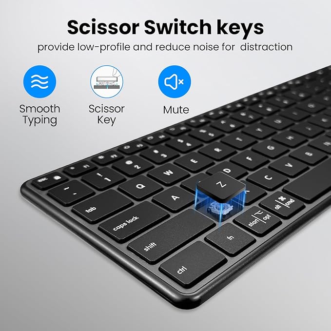 K925 Wireless Bluetooth Keyboard Multi-Device Full Size Wireless Keyboard with Number Pad,Multimedia Keyboard Quiet Typing for Windows/PC/Laptop/Phone
