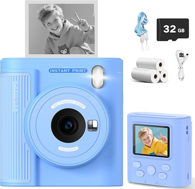 Kids Camera Instant Print for 3-12 Year Olds, HD Digital Instant Print Camera for Boys & Girls, Ideal Christmas Birthday Gift with 32GB SD Card, Easy to Use