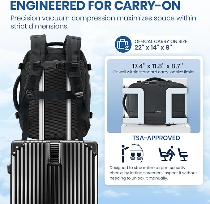 Fanwoli Vacuum Travel Backpack, Carry On Luggage with TSA Lock & Anti Theft Zipper, 60L Expandable Airback with Compression Pump, Waterproof Laptop Bag Ideal for Flight & Business,Black