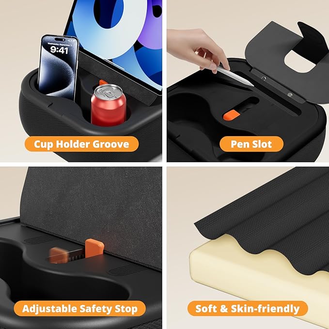 Magnetic Tablet Pillow Stand, Lap Tablet Holder with Two Magnetic Rings, Compatible with 4-13" Phones, Tablets, Kindle, Cozy Pillow Stand for Lap, Desk, Bed, Black