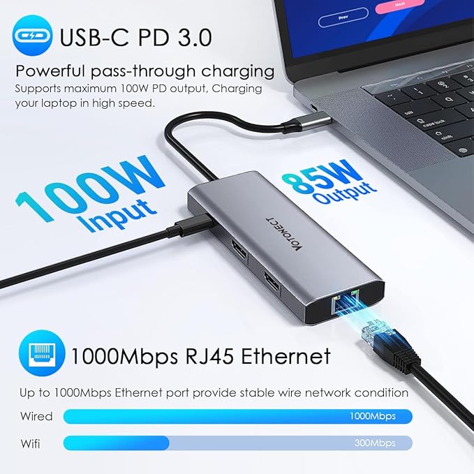 10-in-1 USB C Hub with 4K HDMI Adapter, SD/TF Card Reader, 100W PD Charging, 2 USB 3.0 Ports, and 2 usb2.0 Ports for MacBook Pro/Air, Dell XPS, Lenovo ThinkPad, etc. (3X 8K Docking Station)