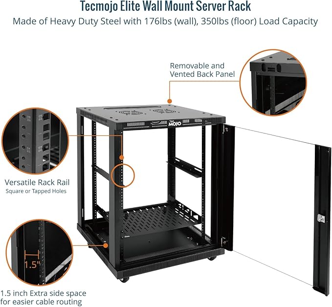 Tecmojo 15U Wall Mount Rack,15U Rack 23.6 Inch Depth,Hold Up to 176 Lbs,Enclosed Wall Mount Rack Kit for 19 Inch Network,Server and AV Gear,Glass Door(Elite Collection)