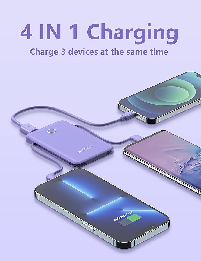 miisso 6000mah Ultra Slim Built in Cables Power Bank, Card Size Built in USB C Cords Battery Pack Portable Charger for Phones, 3 Output External Battery Pack Compatible with iPhone, Samsung, Purple
