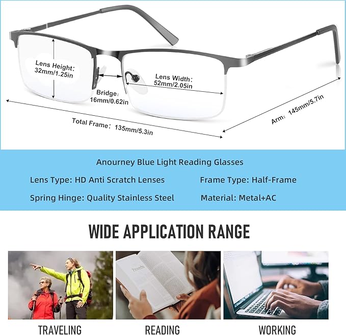 Blue Light Blocking Glasses, Lightweight Metal Half Frame Computer Reading/Gaming/TV/Phones Glasses,Filter UV Ray/Computer Glare with Spring Hinge Eyeglasses(Black+Gray)