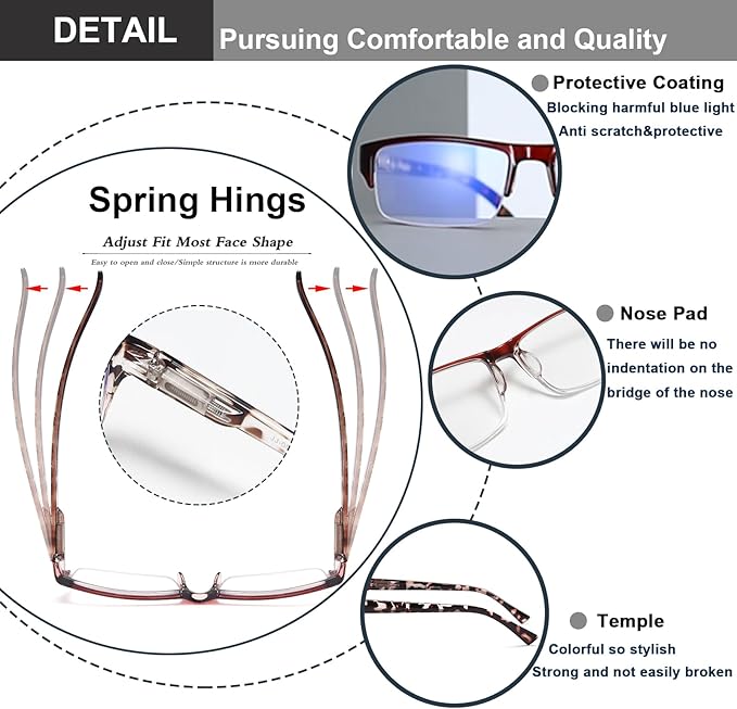 EYEURL 4-Pack Half Frame Blue Light Reading Glasses for Men Rectangle Semi Rimless Readers for Women Spring Hinge Eyeglasses